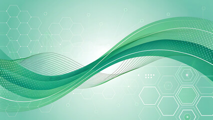 Abstract Green Tech Wave Background with Hexagons and Dots, Digital Futuristic Design