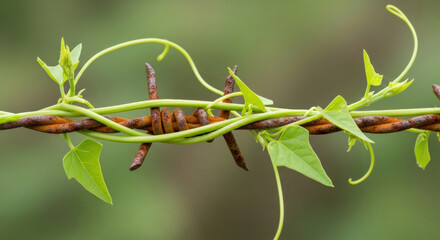 Resilient green vine with new leaf growth on rusty barbed wire sign of hope for our environment. Nature overcomes human carbon footprint with delicate power