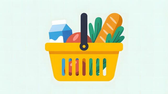 Vibrant shopping basket filled with fresh groceries and bread