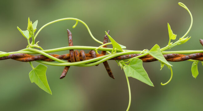 Resilient green vine with new leaf growth on rusty barbed wire sign of hope for our environment. Nature overcomes human carbon footprint with delicate power