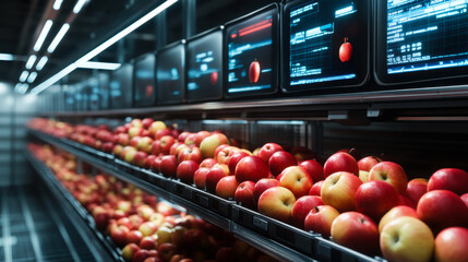 Fresh apples sorted and displayed in a modern warehouse during daytime
