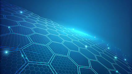 Abstract Blue Hexagon Network Technology Background with Glowing Lights - Digital Futuristic Design