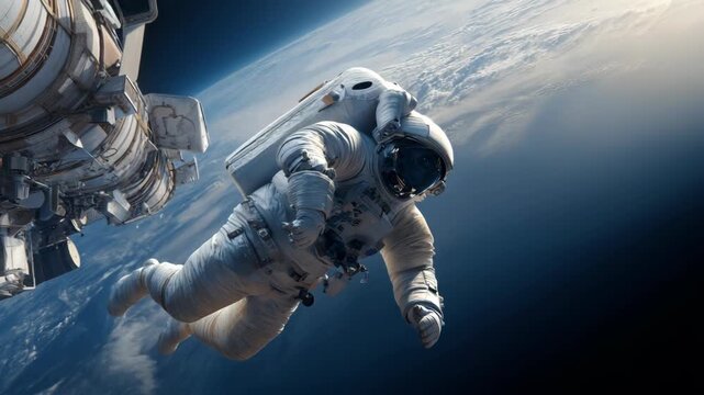Astronaut floating in the vastness of space, Earth in the background