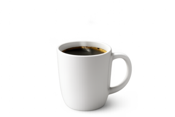 White ceramic mug with black coffee on transparent background