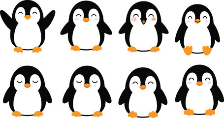 Cute cartoon penguin character set showing different emotions and poses, kawaii animal illustrations isolated on white background, playful flat vector design for kids education © Hanif World