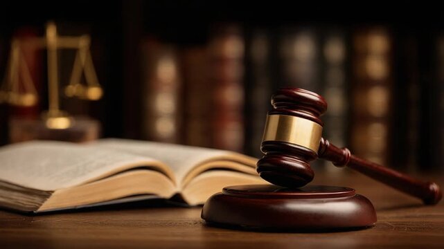Wooden gavel and law book on a table, with scales in the background representing justice 