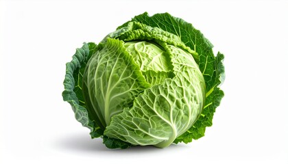 Fototapeta premium A vibrant, fresh whole savoy cabbage with crinkled green leaves, showcased as a healthy, organic vegetable ingredient. Isolated studio shot with crisp details, perfect for culinary concepts.