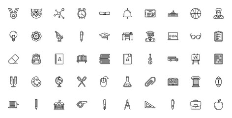 Fototapeta premium Education icon set. Vector collection includes symbols for student, school, university, book, graduation, science, art, sports and more. Editable linear icons.