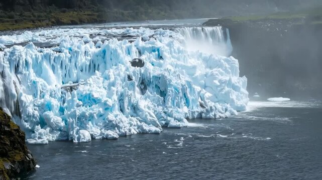 Spilling waterfall sending mist and moving small ice floes past jagged ice cliff in river canyon
