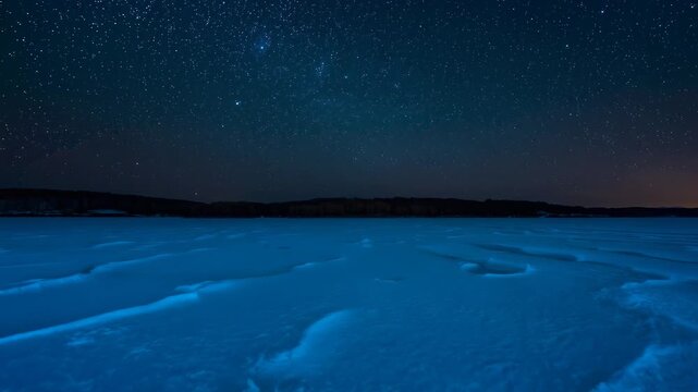 Shimmering icy snowfield showing timelapse light shifts at night, with shore, warm glow, Milky Way