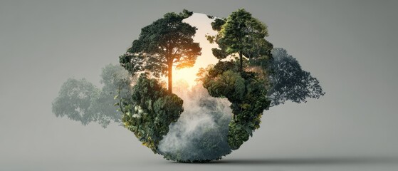 Earth shaped from forest trees with sunrise inside