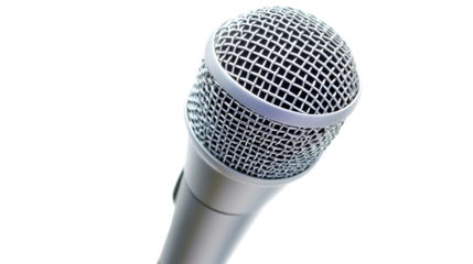 A close-up view of a sleek silver microphone on a black background