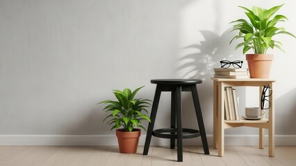 Fototapeta premium Serene and minimalist interior scene featuring lush green houseplants in terracotta pots, a sleek black wooden stool, and a small light wood bookshelf with stacked books and a delicate teacup, bathed