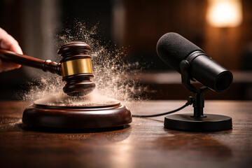 Judge gavel hitting sound block next to microphone in courtroom