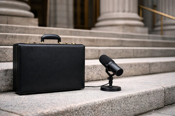 Professional recording equipment on stone steps outside office building
