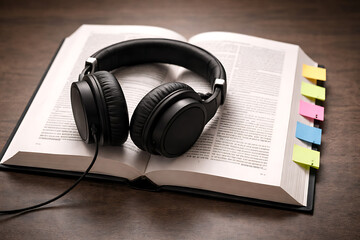 Headphones on a book with colorful bookmarks