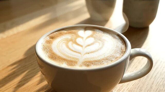 Warm morning light illuminates a latte with intricate latte art on a wooden table creating a cozy and inviting atmosphere perfect for coffee lovers
