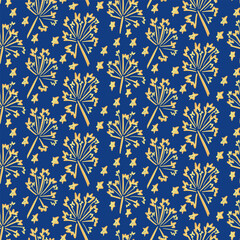 Fototapeta premium Seamless pattern with hand drawn fireworks and stars in yellow on blue background. The image represents celebration, holiday mood, night sky and festive event concept
