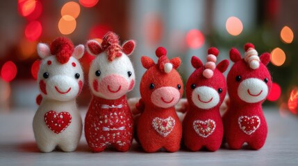 Fototapeta premium Chinese traditional lunar new year Spring Festival celebration in Asia. A group of five handcrafted, heartshaped, red and white felted unicorns, each with a unique design.