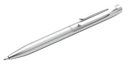 A sleek silver pen lies diagonally against a solid black background, exuding professionalism and sophistication.