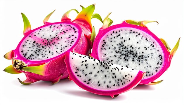 Vibrant pink dragon fruit, also known as pitahaya, shown whole, halved, and sliced. The exotic tropical fruit displays its white flesh and black seeds, isolated on a clean white background.