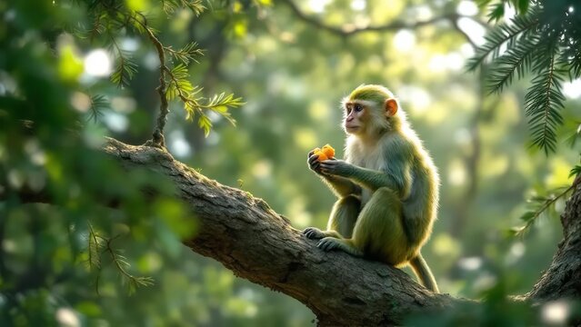 Serene monkey sitting comfortably on a tree branch eating fresh fruit in a lush green forest with sunlight filtering through the leaves.