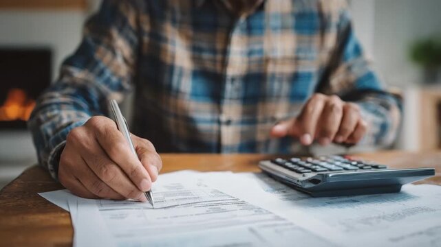 Medium shot of a person using a calculator and documents to accurately calculate property tax payments during a real estate closing process.