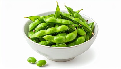A white bowl filled with fresh green edamame pods, also known as soybeans, a popular healthy appetizer and vegan snack, isolated on a clean white background for studio food photography.
