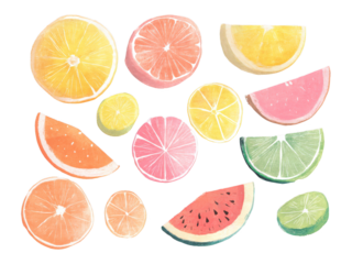 Watercolor Citrus Fruits and Watermelon Set on White Background
