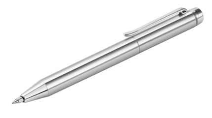 A sleek silver pen lies diagonally against a solid black background, showcasing its modern design and metallic finish.