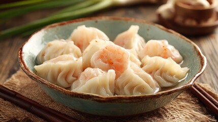 Chinese traditional lunar new year Spring Festival celebration in Asia. A bowl filled with steamed shrimp dumplings, accompanied by chopsticks resting on a jute cloth.