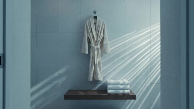 Minimalist tiled bathroom with white towels and robe creating spa cleanliness atmosphere