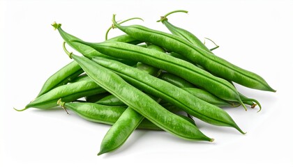 Fototapeta premium Pile of fresh raw green beans, also known as string beans or snap beans, a healthy organic vegetable ingredient for cooking and diet meals, isolated on a clean white background studio shot concept.