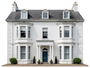 White two story residential house with slate roof and bay windows isolated on a transparent background