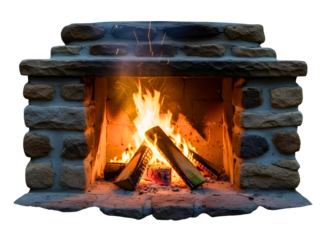 Stone fireplace with burning logs isolated on transparent background