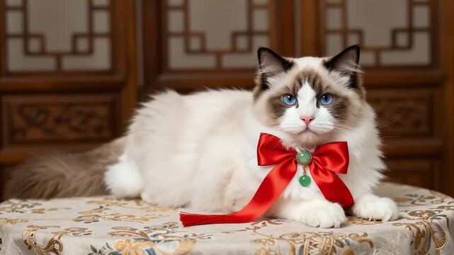 Ragdoll cat wearing red bow with jade in Chinese style setting