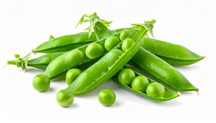 Pile of fresh green peas with open pods revealing the vibrant seeds inside. Healthy organic vegetable ingredient for vegetarian cooking, isolated on a clean white background studio shot.