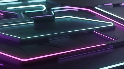 Abstract futuristic neon glow geometric shapes with cyberpunk lighting and dark background