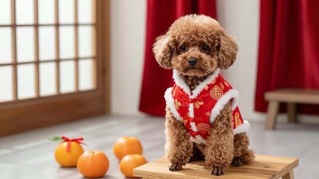 Brown poodle in red Tang suit sitting in a festive indoor setting