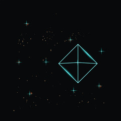 Neon Glowing Wireframe Cube with Sparkle Lights on Dark Background