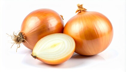 Two whole fresh raw golden onions and one half cut onion with visible layers and rings, arranged on a clean white background. Healthy organic vegetable ingredient for cooking and seasoning.