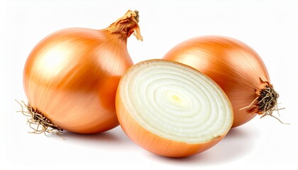 Two whole fresh golden onions and one half onion showing its layered rings, isolated on a white background. This organic vegetable is a staple culinary ingredient for healthy cooking and diet.