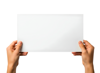 Hands holding blank paper isolated on transparent background