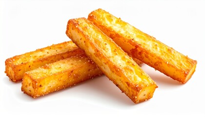 Crispy fried polenta sticks, a delicious golden appetizer or side dish. Savory and seasoned snack food, deep-fried to perfection and isolated on a clean white background for easy editing.