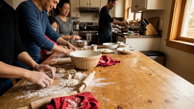 Diverse family making dumplings together on a wooden table in kitchen. Happy people preparing food for Chinese New Year.