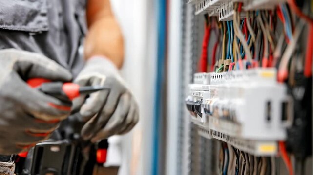 Electrician working with electrical panel 