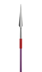 Sharp silver metal spearhead on purple shaft with red cord grip isolated on a transparent background