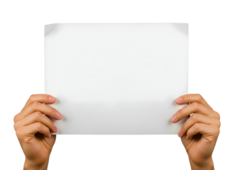 Hands holding blank paper isolated on transparent background