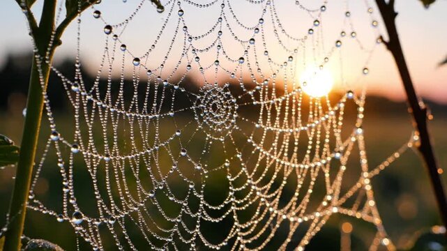 Dewdrops on Spiderweb at Sunrise, Macro Photography, Nature's Jewels