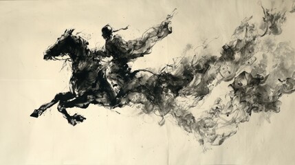 Fototapeta premium Chinese traditional lunar new year Spring Festival celebration in Asia. An abstract ink painting of a galloping horse, rendered in black and white ink. The horse is depicted in midgallop.